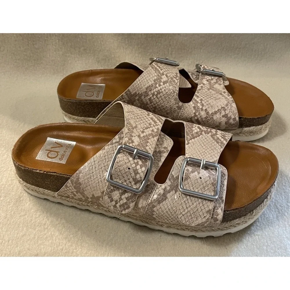 DV by Dolce Vita Carther Buckle Slip On Sandals Shoes Tan Snake Print Size 7.5